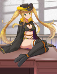 Rule 34 | 1girl, absurdres, azur lane, bdsm, belt, bikini, bikini top only, black bikini, black cloak, black hat, black shorts, black thighhighs, blonde hair, blush, bondage, bound, bound ankles, bound legs, breasts, chinese commentary, cleavage, cloak, commentary request, commission, cowboy hat, cutoffs, day, desk, fang, front-tie bikini top, front-tie top, full body, green eyes, grin, haimei1980, hair between eyes, hat, highres, hornet (azur lane), indoors, large breasts, long hair, looking at viewer, navel, on desk, partial commentary, pixiv commission, restrained, shadow, shibari, shibari over clothes, short shorts, shorts, sidelocks, sitting, smile, solo, swimsuit, teeth, thighhighs, twintails, very long hair, wall, white thighhighs, window shadow, yellow belt, yokozuwari