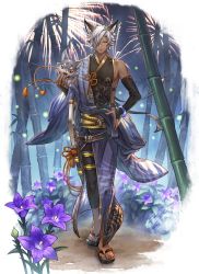 Rule 34 | 1boy, absurdres, bamboo, bamboo forest, black pants, black sleeves, blue kimono, bracelet, bridal gauntlets, brown eyes, dark-skinned male, dark skin, detached sleeves, eustace-flamek, eustace (granblue fantasy), fate (series), fireworks, flower, forest, fou (fate), fox mask, full body, granblue fantasy, hair over one eye, hand on own hip, highres, holding, holding mask, huge filesize, japanese clothes, jewelry, kimono, looking at viewer, male focus, mask, unworn mask, nature, orange ribbon, outdoors, pants, purple flower, ribbon, ribbon-trimmed sleeves, ribbon trim, sheath, sheathed, silver hair, solo, standing, white background