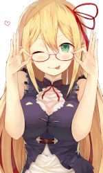 Rule 34 | 1girl, ;p, absurdres, adjusting eyewear, arisa (shadowverse), bare arms, bare shoulders, blonde hair, breasts, closed mouth, commentary request, dress, green eyes, hair between eyes, hairband, hands up, heart, highres, impossible clothes, impossible dress, large breasts, long hair, looking at viewer, neck ribbon, one eye closed, pointy ears, raised eyebrows, red-framed eyewear, red hairband, red ribbon, ribbon, semi-rimless eyewear, shadowverse, simple background, sleeveless, sleeveless dress, smile, solo, tongue, tongue out, upper body, white background, yamato (muchuu paradigm)