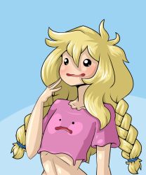 Rule 34 | 1girl, black eyes, blonde hair, blue background, blush, borrowed character, braid, cleavage cutout, clothing cutout, collarbone, creatures (company), crop top, ditto, female focus, flat chest, game freak, gen 1 pokemon, hair tie, hand up, highres, limebreaker, living clothes, long hair, nintendo, open mouth, original, pink shirt, pokemon, pokemon (creature), pokemon rgby, shirt, short sleeves, simple background, smile, twin braids, two-tone background, upper body, wavy mouth