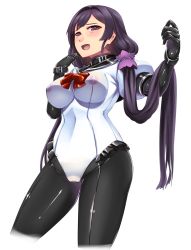 Rule 34 | 10s, 1girl, :d, bodysuit, bodysuit under clothes, breasts, covered navel, covered erect nipples, female admiral (kancolle), heart, heart-shaped pupils, hiememiko, highres, kantai collection, large breasts, latex, long hair, open mouth, purple eyes, purple hair, sailor collar, simple background, smile, solo, symbol-shaped pupils, twintails, very long hair, white background