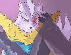 Rule 34 | 1boy, armor, bandages, furry, furry male, gloves, lowres, male focus, nintendo, purple eyes, smile, solo, star fox, tail, white hair, wolf o&#039;donnell