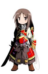 Rule 34 | &gt;:(, 1girl, aikawa chiho, arm guards, armor, bell, blush, boots, breastplate, brown footwear, brown hair, dual wielding, etrian odyssey, eyebrows, frown, full body, holding, holding sword, holding weapon, japanese armor, jingle bell, long hair, okano kei, shoulder pads, simple background, solo, sword, v-shaped eyebrows, watage (lucky yyg), weapon, white background, yuyushiki