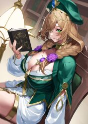 Rule 34 | 1girl, absurdres, beret, blush, book, braid, breasts, brown hair, cleavage, flower, genshin impact, green eyes, green hat, hair flower, hair ornament, hair over shoulder, hat, highres, holding, holding book, jewelry, large breasts, lisa (a sobriquet under shade) (genshin impact), lisa (genshin impact), long sleeves, looking at viewer, medium hair, neck ring, necklace, official alternate costume, open book, open mouth, sitting, smile, solo, thighlet, thighs, twin braids, vision (genshin impact), yamanokami eaka