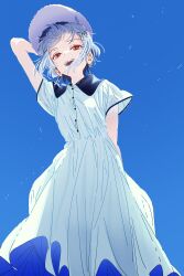Rule 34 | 1girl, arm up, bad id, bad twitter id, blue background, blue hair, blue sky, collared dress, commentary, dress, english commentary, feet out of frame, hakase fuyuki, hat, highres, kerorira, looking at viewer, nijisanji, open mouth, red eyes, short hair, short sleeves, simple background, sky, smile, solo, standing, virtual youtuber, white dress, wind