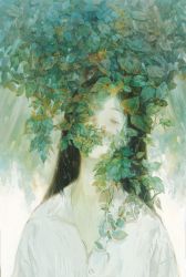 Rule 34 | 1girl, absurdres, black hair, brown eyes, collared shirt, covered mouth, dotted line, empty eyes, half-closed eyes, head tilt, highres, long hair, nature, one eye covered, original, plant, portrait, shirt, solo, squiggle, straight hair, traditional media, vines, white background, white shirt, zh-ybbing