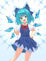 Rule 34 | 1girl, blue bow, blue dress, blue eyes, blue hair, blush, bow, cirno, collared shirt, detached wings, dress, fairy, fang, hair bow, highres, ice, ice wings, oeyama, open mouth, puffy short sleeves, puffy sleeves, shirt, short hair, short sleeves, skin fang, smile, solo, touhou, white shirt, wings