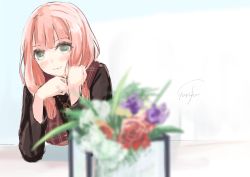 Rule 34 | 1girl, absurdres, bang dream!, black jacket, blurry, blurry foreground, closed mouth, commentary request, depth of field, flower, green eyes, gurifu, hands up, highres, jacket, long hair, long sleeves, looking at viewer, pink hair, purple flower, purple rose, red flower, red rose, rose, signature, smile, solo, uehara himari, upper body, white flower, white rose