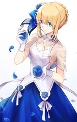 Rule 34 | 1girl, ahoge, artoria pendragon (all), artoria pendragon (fate), blonde hair, blue bow, blue flower, blue skirt, bow, braid, braided bun, capelet, fate/stay night, fate (series), flower, gloves, green eyes, hair between eyes, hair bow, hair bun, hair flower, hair ornament, highres, long skirt, maru (pixiv51714255), parted lips, ribbon, saber (fate), see-through capelet, short hair, sidelocks, simple background, skirt, solo, standing, vest, white background, white gloves, white ribbon, white vest