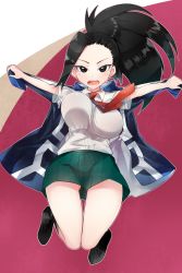 Rule 34 | 10s, 1girl, absurdres, black eyes, black hair, blush, boku no hero academia, bouncing breasts, breasts, collared shirt, full body, highres, horaizonu, jacket, jumping, large breasts, long hair, looking at viewer, md5 mismatch, multicolored background, necktie, open mouth, outstretched arms, pleated skirt, ponytail, red necktie, resolution mismatch, school uniform, shirt, short sleeves, skirt, smile, solo, source smaller, spread arms, teeth, track jacket, yaoyorozu momo