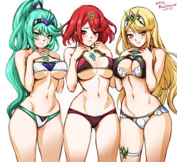 Rule 34 | 3girls, alternate costume, artist name, bikini, blonde hair, breasts, cleavage, dated, earrings, green eyes, green hair, jewelry, large breasts, long hair, looking at viewer, medium breasts, mina cream, multiple girls, mythra (xenoblade), narrow waist, pneuma (xenoblade), ponytail, pyra (xenoblade), red bikini, red eyes, red hair, short hair, smile, swimsuit, underboob, white background, xenoblade chronicles (series), xenoblade chronicles 2, yellow eyes