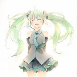 Rule 34 | 1girl, arms behind back, bad id, bad pixiv id, bare shoulders, closed eyes, detached sleeves, farawaysnows, floating hair, green hair, hatsune miku, headset, long hair, necktie, open mouth, simple background, skirt, solo, tears, twintails, very long hair, vocaloid, white background