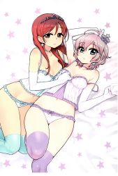 Rule 34 | 10s, 2girls, absurdres, ahoge, anastasia (idolmaster), arm up, babydoll, bed sheet, blue eyes, blue panties, blue thighhighs, bow, bow panties, breasts, brown eyes, camisole, chan co, choker, cleavage, crown, earrings, elbow gloves, female focus, frilled panties, frills, gloves, groin, hand on another&#039;s chest, highres, idolmaster, idolmaster cinderella girls, jewelry, lying, mini crown, multiple girls, navel, nitta minami, on back, on side, panties, purple hair, purple legwear, purple panties, red hair, scan, sheet grab, short hair, star (symbol), strap slip, thighhighs, tiara, underwear, underwear only, white gloves, yuri