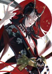 Rule 34 | 1boy, artist name, bead necklace, beads, black hair, black horns, black kimono, black nails, choker, commentary request, dated, eyeshadow, facepaint, facial mark, fangs, fingernails, forehead mark, hair ornament, hand up, high ponytail, highres, holding, holding sword, holding weapon, horns, ikade (ikade 0516), japanese clothes, jewelry, katana, kimono, long fingernails, long hair, long sleeves, looking at viewer, makeup, male focus, multicolored hair, nail polish, necklace, nijisanji, nijisanji en, obi, official alternate costume, oni, open clothes, open kimono, parted bangs, pectorals, pointy ears, ponytail, red background, red choker, red eyeshadow, red hair, sash, sharp fingernails, sheath, sheathed, sidelocks, simple background, skin-covered horns, smile, solo, sword, tassel, teeth, two-tone background, upper teeth only, virtual youtuber, vox akuma, vox akuma (2nd costume), weapon, white background, wide sleeves, yellow eyes, yellow sash