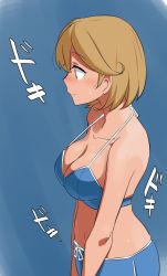Rule 34 | 1girl, bikini, blue background, blue bikini, blue shorts, breasts, brown eyes, brown hair, cleavage, commentary request, cowboy shot, kantai collection, medium breasts, oboro (kancolle), profile, short hair, shorts, simple background, solo, swimsuit, tamu (mad works), translation request