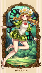 Rule 34 | 1girl, blonde hair, braid, butterfly wings, character name, fairy, flower, framed, hair flower, hair ornament, head wreath, insect wings, killyoh, long hair, mercedes (odin sphere), odin sphere, pointy ears, puff and slash sleeves, puffy sleeves, red eyes, solo, twin braids, white flower, white footwear, wings