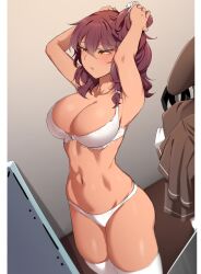 Rule 34 | 1girl, absurdres, armpits, arms up, bare arms, bare shoulders, bra, breasts, brown hair, cleavage, commentary, cowboy shot, dark skin, girls&#039; frontline, hair between eyes, highres, indoors, k0ng, large breasts, long hair, navel, panties, saiga-12 (girls&#039; frontline), solo, standing, stomach, thighhighs, thighs, underwear, underwear only, white bra, white panties, white thighhighs, yellow eyes