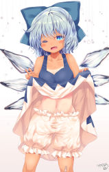 Rule 34 | 1girl, absurdres, bare shoulders, bloomers, blue eyes, blue hair, bow, cirno, clothes lift, collarbone, commission, dress, dress lift, fang, hair bow, highres, kemo chiharu, light blue hair, one eye closed, open mouth, pantaloons, skeb commission, smile, solo, tan, tanline, touhou, underwear, white bloomers