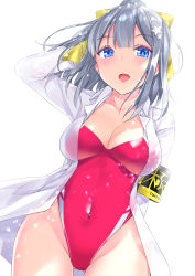 Rule 34 | 1girl, absurdres, arm up, armband, blue eyes, blush, breasts, bulbonne, cleavage, collarbone, commentary request, competition swimsuit, covered navel, grey hair, hair ornament, hair ribbon, has bad revision, has downscaled revision, high ponytail, highres, large breasts, long hair, long sleeves, looking at viewer, md5 mismatch, one-piece swimsuit, open clothes, open mouth, open shirt, original, ponytail, red one-piece swimsuit, resolution mismatch, ribbon, shirt, simple background, solo, source smaller, star (symbol), star hair ornament, swimsuit, swimsuit under clothes, white background, white shirt, yellow ribbon