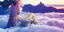 Rule 34 | cloud, fate/extra, fate/extra ccc, fate/grand order, fate (series), giant, giantess, highres, horns, kingprotea (fate), kingprotea (third ascension) (fate), mountain, official art, photo background, purple hair, red eyes, sitting, smile, solo, wada arco