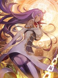 Rule 34 | 1girl, ass, black skirt, blue eyes, breasts, breasts apart, bridal gauntlets, chain, dress, floating hair, from below, garter straps, hair between eyes, highres, isabelle (shadowverse), kakage, large breasts, long hair, magic circle, miniskirt, multicolored hair, purple hair, shadowverse, shiny skin, silver hair, skirt, solo, thighhighs, two-tone hair, very long hair, white dress