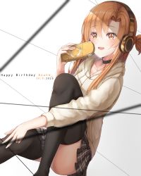 Rule 34 | 1girl, 2020, :d, absurdres, asuna (sao), black choker, black thighhighs, blonde hair, character name, choker, collarbone, dated, grey skirt, hair intakes, handheld game console, happy birthday, headphones, highres, holding, hood, hood down, hooded sweater, huge filesize, ijac ray, long hair, long sleeves, miniskirt, open mouth, plaid, plaid skirt, playstation portable, pleated skirt, skirt, smile, solo, sweater, sword art online, thighhighs, white background, white sweater, zettai ryouiki