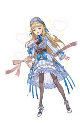 Rule 34 | 1girl, :d, blonde hair, blue bow, blue dress, bonnet, bow, box, box of chocolates, candy, chocolate, chocolate heart, dress, food, frilled sleeves, frills, full body, hair bow, hair flaps, heart, highres, long hair, looking at viewer, official art, open mouth, pantyhose, princess (princess principal), princess principal, princess principal game of mission, ribbon, smile, solo, sparkle, standing, striped clothes, striped dress, teeth, transparent background, upper teeth only, very long hair, white footwear
