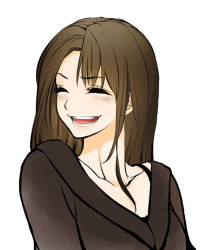 Rule 34 | 1girl, ^ ^, blush, brown hair, closed eyes, eyelashes, laughing, long hair, looking back, open mouth, original, poaro, simple background, smile, solo, strap, sweater, upper body, v-neck, white background