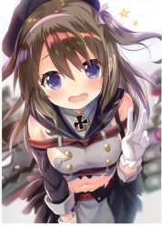 Rule 34 | 1girl, absurdres, azur lane, bare shoulders, blush, breasts, brown hair, buttons, cross, from above, gloves, hair ribbon, hairband, hat, highres, iron cross, legs together, long hair, medium breasts, open mouth, pantyhose, pink hairband, pink ribbon, purple eyes, ribbon, sideboob, smile, solo, star (symbol), two side up, v, white gloves, yano mitsuki (nanairo), z35 (azur lane)
