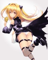 Rule 34 | ass, bare legs, bare shoulders, black dress, blonde hair, chokuro, commentary request, detached sleeves, dress, expressionless, food, from behind, hair between eyes, highres, holding, holding food, jumping, konjiki no yami, leg strap, leg up, long hair, looking at viewer, looking back, panties, pantyshot, parted lips, red eyes, simple background, solo, standing, takoyaki, thigh strap, thighs, to love-ru, underwear, upskirt, very long hair, white background, white panties