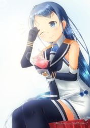 Rule 34 | 1girl, artist name, bare shoulders, blue eyes, blue gloves, blue hair, blue neckerchief, blue thighhighs, bowl, commentary request, eating, elbow gloves, food, gloves, holding, holding bowl, kantai collection, long hair, looking at viewer, mae (maesanpicture), neckerchief, one eye closed, sailor collar, samidare (kancolle), school uniform, serafuku, shaved ice, shirt, simple background, sitting, sleeveless, sleeveless shirt, solo, sweat, swept bangs, thighhighs, very long hair, white background, white serafuku, zettai ryouiki