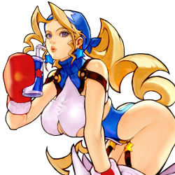 Rule 34 | 1girl, ass, bare shoulders, blonde hair, boxing gloves, breasts, can, cleavage, cropped, drinking straw, earrings, highres, holding, holding can, jewelry, justice gakuen, kim sung hwan, large breasts, long hair, o-ring, parted lips, purple eyes, simple background, solo, star (symbol), star earrings, thighhighs, tiffany lords, white background