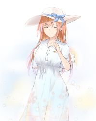 Rule 34 | 1girl, arm behind back, blue ribbon, blush, breasts, closed eyes, closed mouth, clov3r, dress, feet out of frame, girls&#039; frontline, hand on back, hat, hat ribbon, long hair, medium breasts, orange hair, ribbon, simple background, smile, solo, springfield (girls&#039; frontline), standing, tears, white dress, white hat