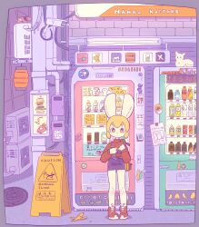 Rule 34 | 1girl, animal, animal ears, bag, bammie usanoda, banana peel, blonde hair, blue shorts, bottle, brown eyes, can, canned coffee, cat, drink can, full body, furry, furry female, highres, holding, holding can, industrial pipe, lantern, long sleeves, looking at viewer, manhole cover, mixed-language text, original, paper lantern, rabbit ears, rabbit girl, red footwear, red shirt, security camera, shirt, shoes, shorts, sign, solo, standing, turtleneck, vending machine, warning sign