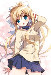 Rule 34 | 1girl, :o, air (visual novel), arm behind back, arm behind head, beige jacket, blazer, blonde hair, blue eyes, blue skirt, blue sweater, blush, bow, clannad, company connection, contrapposto, cosplay, cowboy shot, hair between eyes, hair bow, hair ribbon, head tilt, high ponytail, jacket, kamio misuzu, key (company), long hair, looking at viewer, mauve, outstretched arms, parted lips, pleated skirt, ponytail, ribbon, sailor collar, school uniform, sidelocks, skirt, solo, spread arms, standing, sweater, very long hair, white bow, white ribbon, white sailor collar
