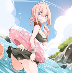 Rule 34 | 1girl, ass, beach, bikini, blue eyes, breasts, collar, day, innertube, large breasts, looking at viewer, looking back, maid, maid headdress, open mouth, original, outdoors, pink hair, smile, solo, swim ring, swimsuit, takagi (tansuke), tansuke, wading, water