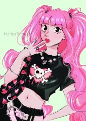 Rule 34 | 1girl, arm up, artist name, belt, black eyes, black pants, black shirt, blunt bangs, bracelet, commentary, cowboy shot, crop top, english commentary, eyelashes, green background, hand on own hip, highres, jewelry, looking at viewer, marinathirteen, necklace, one piece, pants, perona, pink hair, pink lips, ring, shirt, short sleeves, simple background, solo, twintails