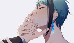 Rule 34 | 13 (bbr584607091), 1boy, adam&#039;s apple, black hair, blue hair, blush, ear blush, earrings, fingernails, from side, glowing, glowing earrings, grey background, hand grab, hand on another&#039;s face, holding another&#039;s arm, jade leech, jewelry, licking, licking hand, long sleeves, looking away, male focus, multicolored hair, portrait, profile, saliva, short hair, simple background, solo focus, streaked hair, sweat, twisted wonderland, yellow eyes