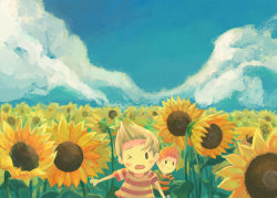 Rule 34 | &gt; o, 2boys, blonde hair, blouse, brown hair, claus (mother 3), day, field, flower, flower field, lucas (mother 3), male focus, mother (game), mother 3, multiple boys, nintendo, one eye closed, quiff, shirt, siblings, striped clothes, striped shirt, sunflower, twins, wink