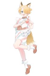 Rule 34 | 1boy, aged down, animal ear fluff, animal ears, belt collar, blonde hair, blue eyes, blush, bow, collar, commentary, corset, curly eyebrows, finger heart, footwear bow, fox boy, fox ears, fox tail, frills, full body, hair over one eye, heart, idol, lily-summer-0607, long bangs, looking at viewer, male focus, microphone, one piece, open mouth, pants, red bow, red footwear, sanji (one piece), short hair, short ponytail, short sleeves, shorts, simple background, smile, socks, striped clothes, striped pants, tail, white background, white shorts