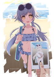 Rule 34 | 1girl, ?, anger vein, bikini, blue archive, breasts, chonmage daikon, cleavage, collarbone, commentary request, eyewear on head, frilled bikini, frills, halo, hifumi (blue archive), hifumi (swimsuit) (blue archive), long hair, low twintails, photo (object), pov, pov hands, small breasts, solo focus, sunglasses, sunglasses on head, swimsuit, twintails, white bikini, yellow eyes