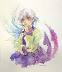 Rule 34 | 1girl, absurdres, dated, hand to own mouth, highres, kishin sagume, long sleeves, looking at viewer, one-hour drawing challenge, painting (medium), purple eyes, shiroma (mamiko), short hair, single wing, touhou, traditional media, watercolor (medium), white background, white hair, wide sleeves, wings