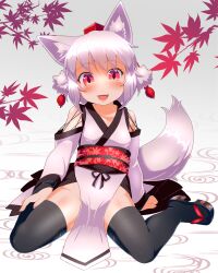 Rule 34 | 1girl, :d, animal ear fluff, animal ears, black bridal gauntlets, black footwear, black thighhighs, blush, breasts, bridal gauntlets, commentary request, cross-laced clothes, cross-laced sleeves, elbow gloves, fang, full body, gloves, hat, inubashiri momiji, japanese clothes, kimono, kourindou tengu costume, leaf, leaf print, long sleeves, lower teeth only, maple leaf, maple leaf print, no panties, obi, open mouth, pelvic curtain, pom pom (clothes), red eyes, red hat, red sash, sandals, sash, short hair, sitting, skin fang, small breasts, smile, solo, tail, teeth, thighhighs, tokin hat, tongue, torque, touhou, wariza, white hair, white kimono, wolf ears, wolf girl, wolf tail, zouri