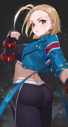 Rule 34 | 1girl, absurdres, artist name, ass, black pants, blonde hair, blue eyes, blurry, breasts, cammy white, clenched hand, cowboy shot, crop top, cropped jacket, depth of field, fingerless gloves, forehead, gloves, highres, looking back, medium breasts, midriff, pants, parted lips, scar, scar on face, short hair, solo, sooon, sports bra, street fighter, street fighter 6, yoga pants