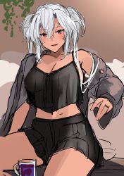 Rule 34 | 1girl, absurdres, alternate costume, black camisole, black nails, black skirt, breasts, camisole, casual, commentary request, dark-skinned female, dark skin, grey jacket, highres, jacket, kantai collection, large breasts, long hair, looking at viewer, musashi (kancolle), musashi kai ni (kancolle), nail polish, no eyewear, pleated skirt, red eyes, silver hair, skirt, solo, twintails, unfinished, yunamaro