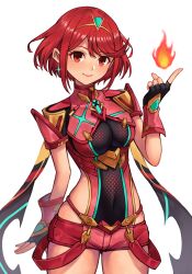 Rule 34 | 1girl, 20060715, absurdres, black gloves, breasts, chest jewel, covered navel, cowboy shot, earrings, fingerless gloves, fire, gloves, headpiece, highres, jewelry, looking at viewer, medium breasts, pyra (xenoblade), red eyes, red hair, short hair, short shorts, shorts, simple background, smile, solo, swept bangs, tiara, white background, xenoblade chronicles (series), xenoblade chronicles 2