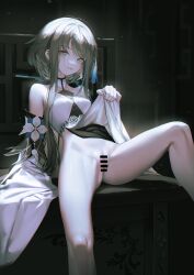 Rule 34 | 1girl, arm support, bar censor, bare legs, bare shoulders, bottomless, breasts, censored, closed mouth, clothes lift, crotch, detached sleeves, dress, dress lift, feet out of frame, genshin impact, green eyes, grey hair, guizhong (genshin impact), hair ornament, highres, iumu, leaning back, leg up, lifted by self, light particles, looking at viewer, pussy, short hair with long locks, sidelocks, sitting, sleeveless, sleeveless dress, sleeves past fingers, sleeves past wrists, small breasts, smile, solo, spread legs, tassel, tassel hair ornament, thighs, white dress, white sleeves