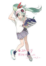 Rule 34 | 1girl, absurdres, aqua eyes, aqua hair, bag, black socks, breasts, carrying bag, commentary, creatures (company), game freak, green eyes, green hair, hand on own hip, hat, hatsune miku, headphones, highres, long hair, looking at viewer, medium breasts, nintendo, open mouth, plaid, plaid skirt, pokemon, project voltage, psychic miku (project voltage), shirt, shoes, short sleeves, simple background, skirt, sneakers, socks, solo, sticker, twintails, vocaloid, white background, zhibuji loom