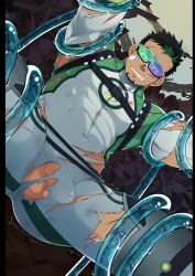 Rule 34 | 1boy, arms up, ass, bara, black hair, bodysuit, bulge, clenched teeth, covered abs, covered navel, dark-skinned male, dark skin, erection, erection under clothes, facial hair, flaccid, glasses, gluteal fold, goatee, green hair, grey bodysuit, kyoichi (live a hero), large pectorals, live a hero, male focus, masayoshi togashi (alu379), multicolored hair, muscular, pectorals, penis, penis peek, short hair, sideburns, skin tight, slime (substance), solo, spread legs, streaked hair, teeth, tentacles, tentacles on male, testicles, thick thighs, thighs, torn bodysuit, torn clothes, twitching, two-tone hair