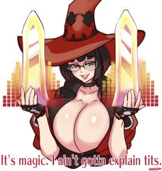 Rule 34 | 1girl, absurdres, arc system works, black hair, blush, breasts, cleavage, fingerless gloves, glasses, gloves, guilty gear, guilty gear strive, hat, highres, huge breasts, i-no, mole, mole above mouth, nicecream, open mouth, purple eyes, short hair, smile, solo, upper body, witch hat